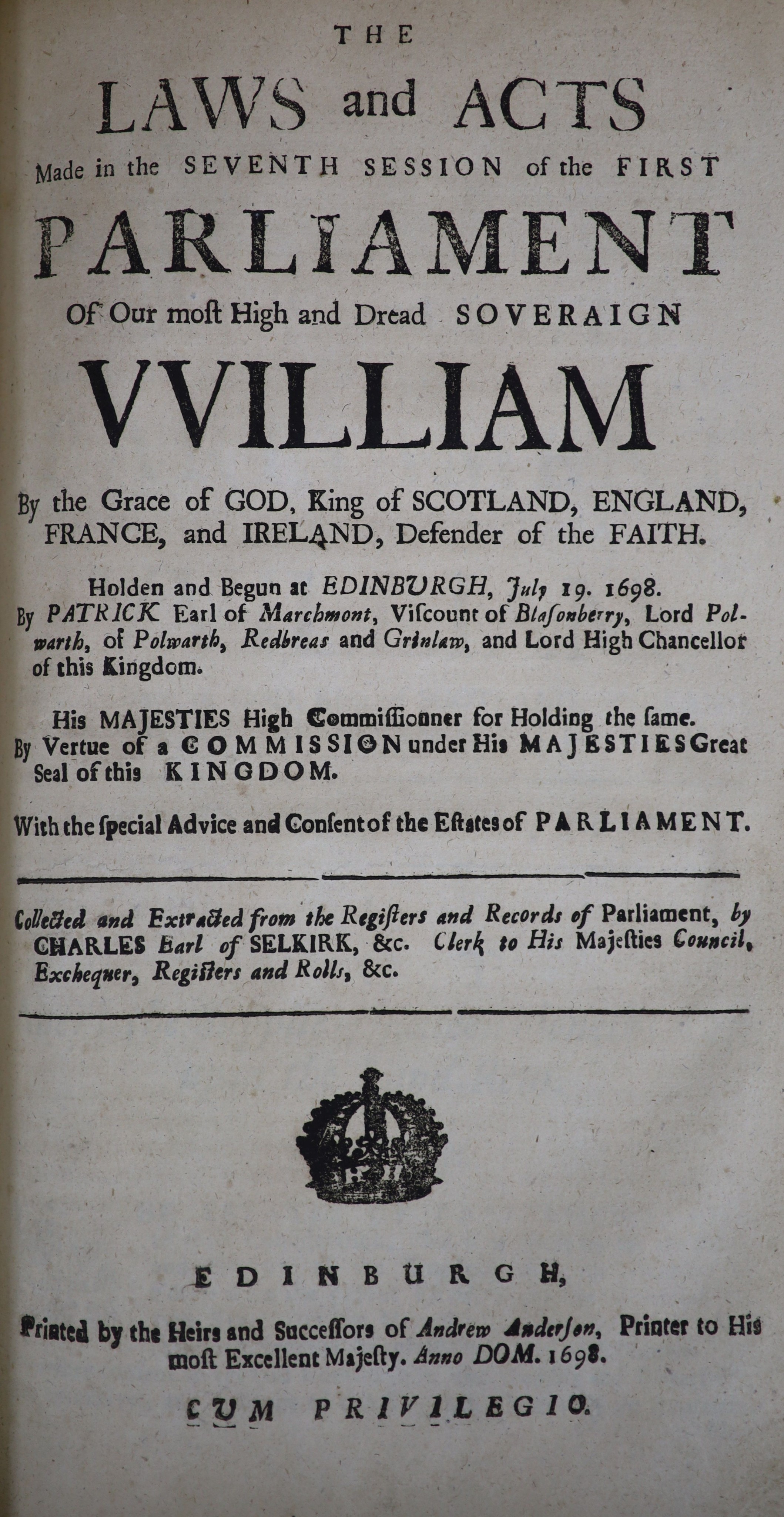 [Scotland] Laws and Acts (of Scotland)' approx. 12 various, William & Mary (1689) - Ann (1707). engraved headpieces and decorated initial letters; includes (January 1707) 'Act Ratifying and Approving the Treaty of Union